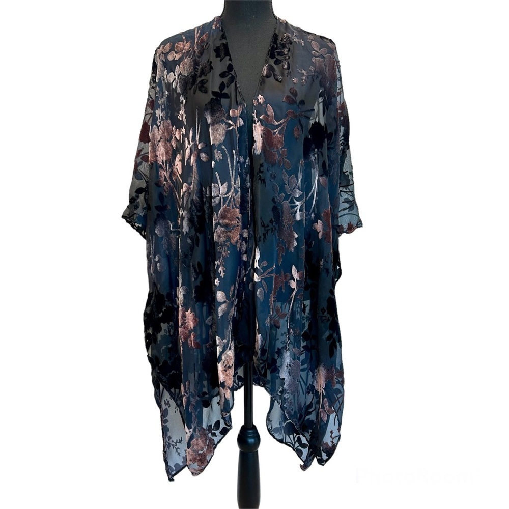 LOVE stitch pink black velvet floral kimono cardigan beach coverup shrug poncho
